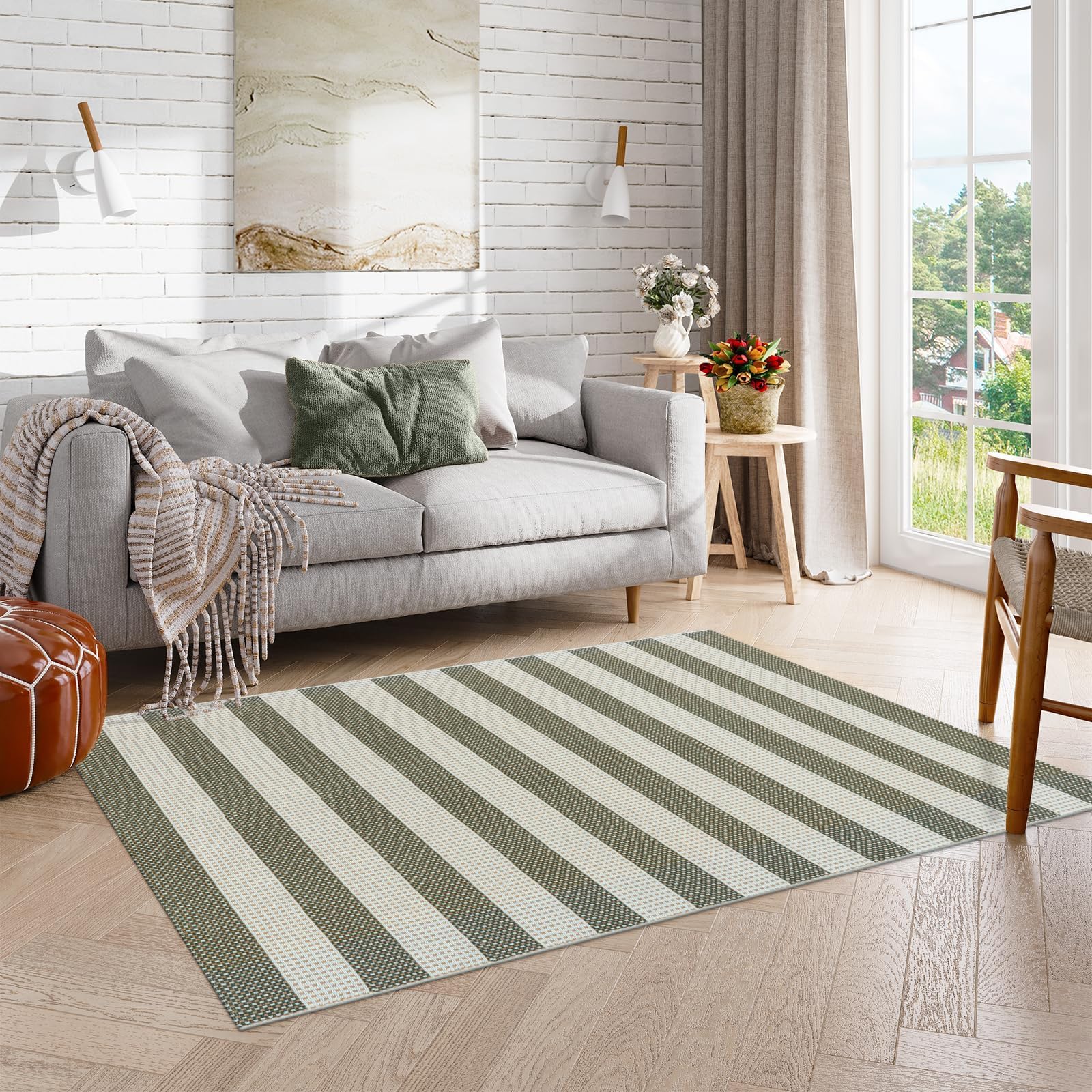 OJIA Striped Outdoor Area Rug 4'x6' Washable Patio Rugs Cotton Woven Living Room Rug Farmhouse Indoor Outdoor Rugs Large Floor Carpet for Courtyard/Bedroom/Entryway (Green/White/Tan)