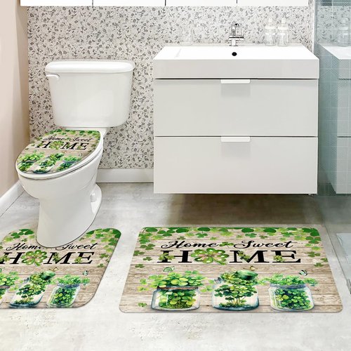 MEHOFOND 4pcs St. Patrick's Day Shower Curtain Set with Non-Slip Rugs Toilet Lid Cover and Bath Mat,Green Shamrock Clover Shower Curtain Set,Irish St Patrick's Day Home Sweet Home Bathroom Decor