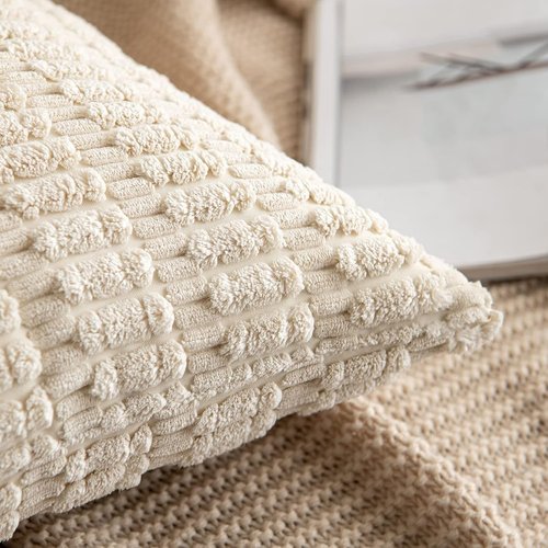MIULEE Corduroy Decorative Throw Pillow Covers - Soft Boho Striped Design | 12x12 Inch Cream White for Sofa & Living Room