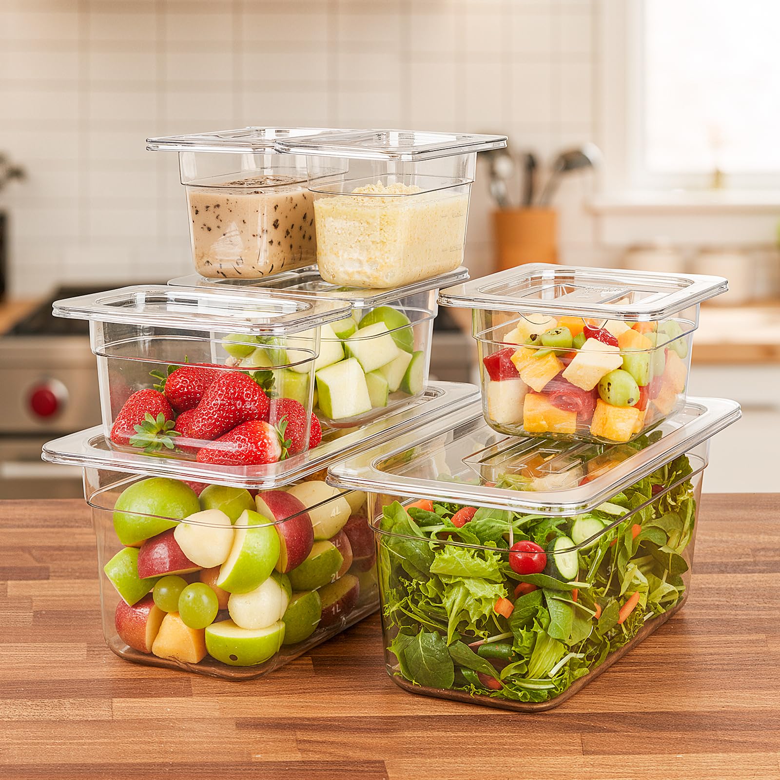 West Bay 9-Pack 1/6 Size 4''Deep NSF Polycarbonate Food Pans with Lids, Clear Commercial Hotel Pans, Food Storage Containers for Restaurant, Food Prep, Buffet, Salad Bar, Home Kitchen & Catering