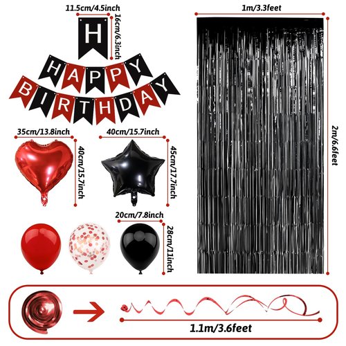 Recosis Red and Black Birthday Decorations, Happy Birthday Banner, Confetti Balloons, Fringe Curtain, Heart Star Foil Balloons, Hanging Swirls for Women Girls Birthday Princess Party Decorations