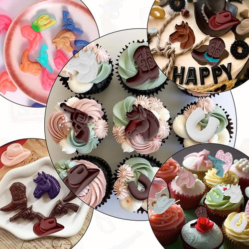 Fuehbur Western Themed Cowboy Candy Silicone Molds 2PCS, Chocolate Jello Moulds with Horse Head Boot Hat Saddle Design, 15 Cavity Ice Mold Pudding Soap Cookie Molds for Cake Desserts Cupcake Making