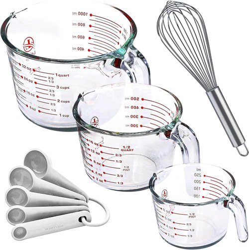 Le'raze Glass Measuring Cups Set - 3-Piece Kitchen Mixing Bowls with Spoons & Whisk | Clear, Multi-Size