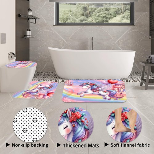 Glowevera Vivantia 4Pcs Unicorn Girls Shower Curtain with Memory Rugs, Kids Bathroom Sets with Cute Uicorn Shower Curtain, Non-Slip Rug,Toilet Lid Cover Bath Mat and 12 Hooks,Gift for BoyGirl Kids