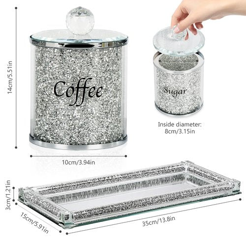 Topsky Coffee Sugar Tea Crystal Canister Set of 4,Sparkly Crystal Crushed Diamonds Home Decor,Silver Kitchen Coffee Jar Storage Set with Label & Lid,Storage Container Set for Countertop,Dining Room