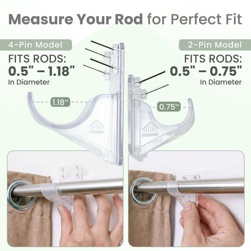 No Adhesive Heavy Duty Curtain Rod Holders with Wide Hook, 5X Stronger Than Adhesive Curtain Rod Hooks,Tension Curtain Rod Bracket for Wall with Pin Guide, Curtain Wall Mount (4 Pack, for 1.25" Rods)