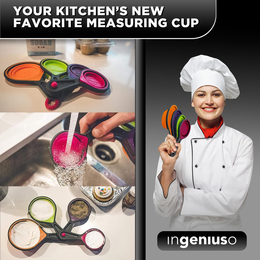 Collapsible Measuring Cups and Nesting Spoons - Adjustable Silicone for Cooking, used for Liquid and Dry Kitchen Items - Portable Portion Control, Dog Food, Kids, Travel, Camper, Space-Saving - 1 Set