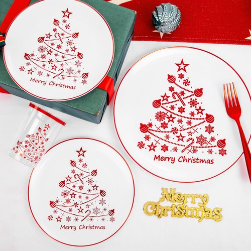 Supernal 150pcs Christmas Plastic Dinnerware Include Red Plastic Plates, Disposalbe Cups,Christmas Party Supplies,Red Plastic Silverware for Christmas Party and New Year