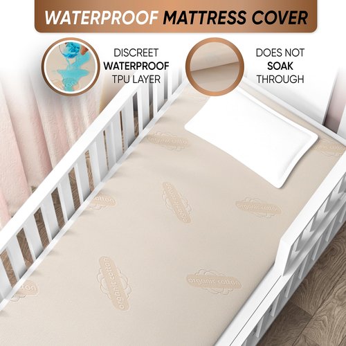 Crib Organic Mattress Protector Pad - OCS Certified Organic Cotton Waterproof Breathable Mattress Pad Cover - 250 GSM Comfort - Deep Pocket - Fitted Comfort