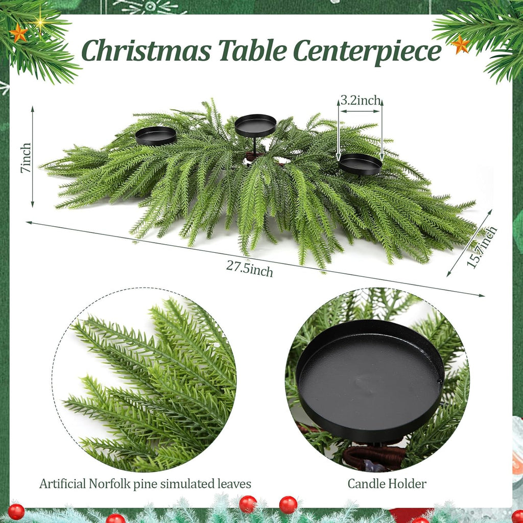 Norfolk Christmas Table Centerpiece - 3 Candle Holders | Pine Needle Holiday Decor for Dining Table