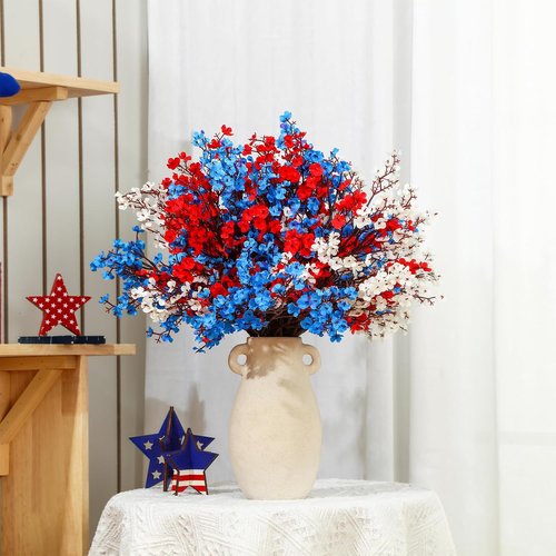 Lyrow Patriotic Artificial Flowers - 24 Pcs Red, Blue & White Floral Arrangements for 4th of July Decor | Perfect for Memorial Day & Table Centerpieces