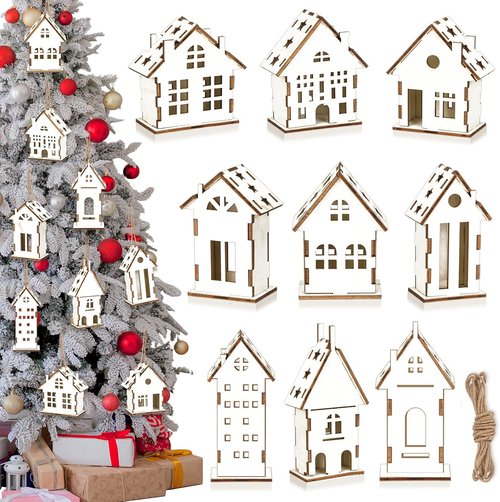 Coume Christmas Wood Ornaments - 9 Pcs Unfinished Rustic White Wooden House Decor for DIY Crafts