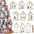 Coume Christmas Wood Ornaments - 9 Pcs Unfinished Rustic White Wooden House Decor for DIY Crafts
