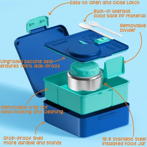 Fimibuke Kids Bento Lunch Box - Leakproof Insulated Food Jar & Water Bottle | 3-4 Compartment Design for School