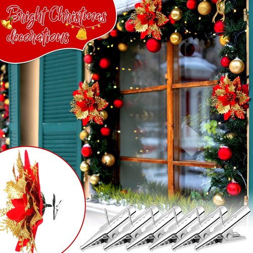 100 Pcs Christmas Tree Ornament Clips Ball Flower Decoration Clip Iron Metal Alligator Spring Clamps Test Line Crocodile Craft Baubles Hooks Hanger for Xmas Decorations 1.18 Inch
