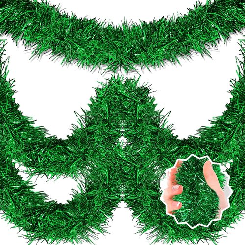 50 Feet Green Christmas Tinsel Garland, Metallic Foil Twist Banner Wall Hanging Tinsel Streamers Backdrop for Parade Floats, Christmas, Mother's Day, Birthday Party Decorations(2in x 50ft)