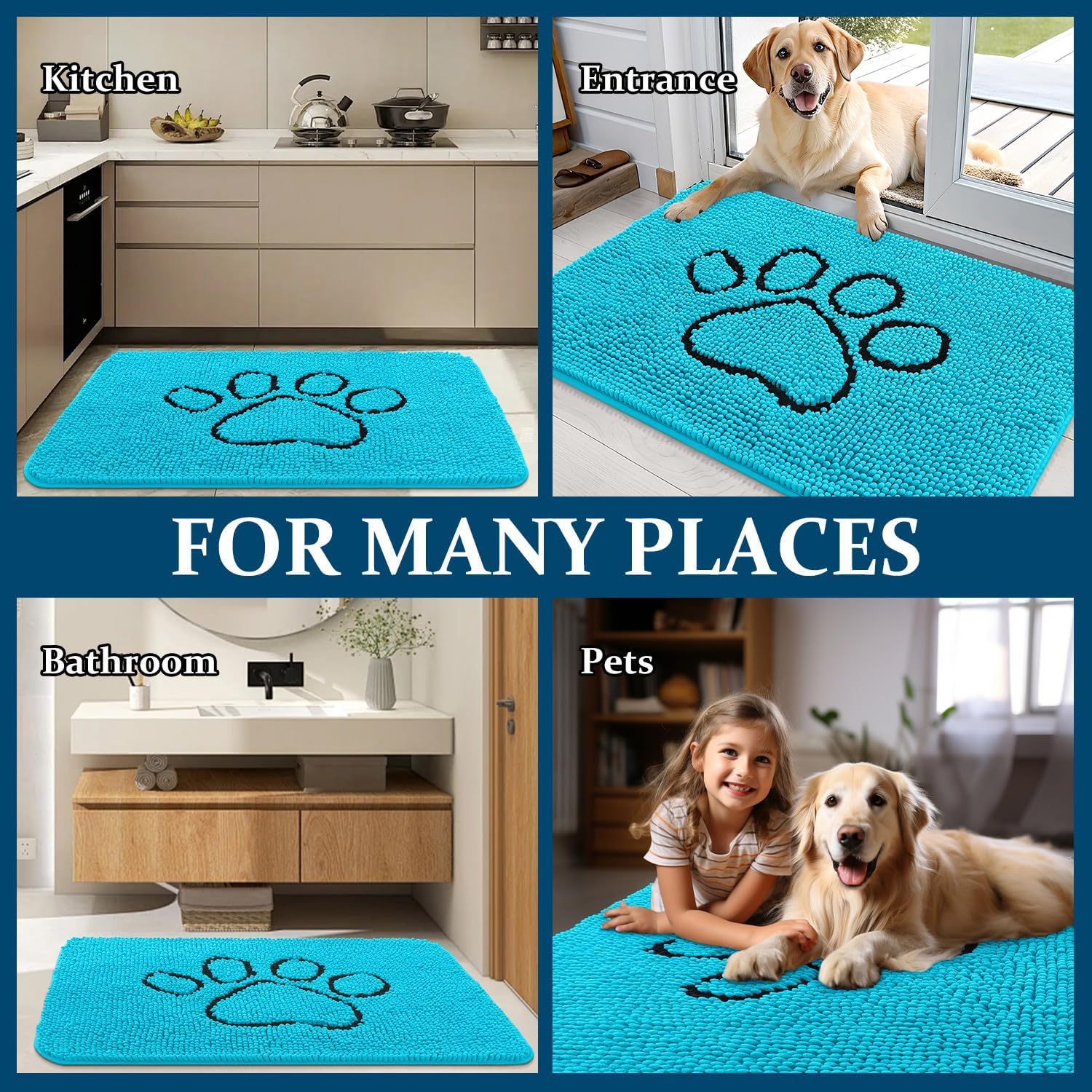 OLANLY Dog Door Mat - Absorbent Non-Slip Mud Mat for Muddy Paws | 36x24 Aqua Blue Design