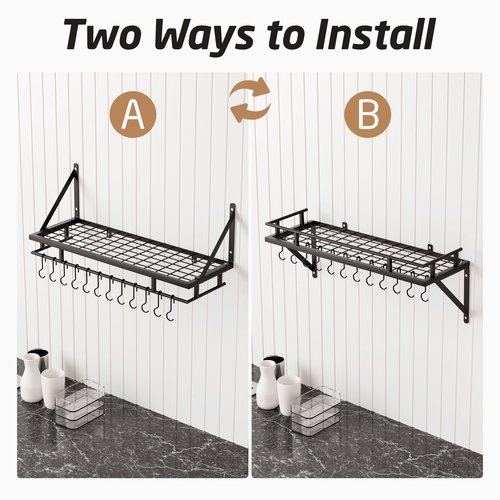 KES 30-Inch Kitchen Pan Pot Rack Wall Mounted Hanging Storage Organizer Wall Shelf with Hooks Matte Black, KUR215S75A-BK