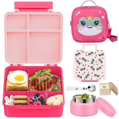 Bento Lunch Box Kids with 9oz Soup Thermo, Kids Leakproof Lunch Food Containers with 4 Compartment, Insulated Lunch Bag for Girls Boys to School Travel
