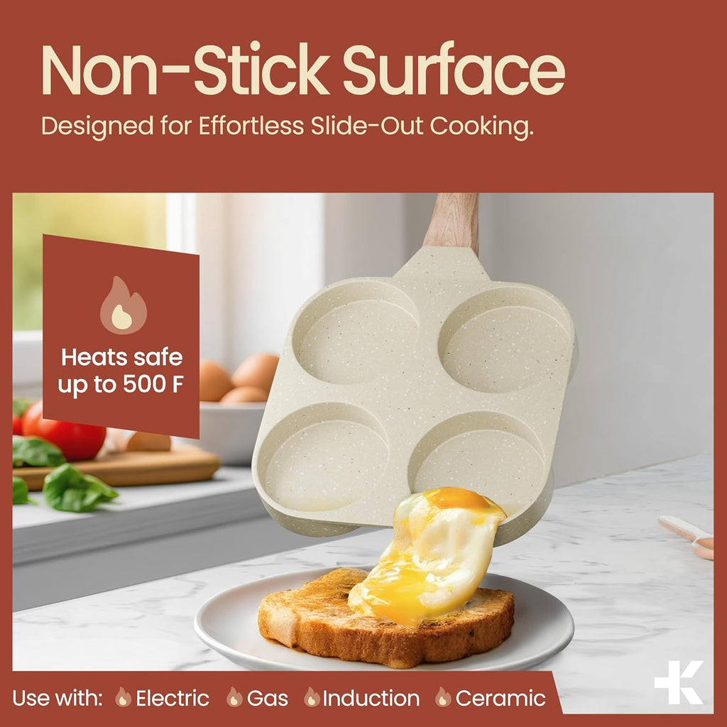 Skiennix 4-Cup Nonstick Frying Egg Pan - White Marble Finish, PFOS & PFOA Free, Die-Cast Aluminum, Heat-Resistant Handle, 500°F Safe