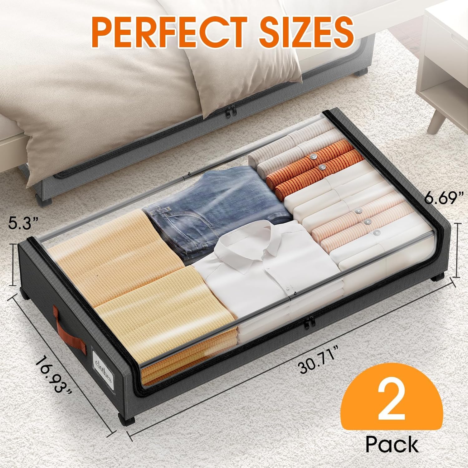 SpaceHacks Under Bed Storage Containers - 2-Pack Rolling Drawers with Clear Windows & Labels | Dark Grey (30.71 x 16.93 x 6.69 in)