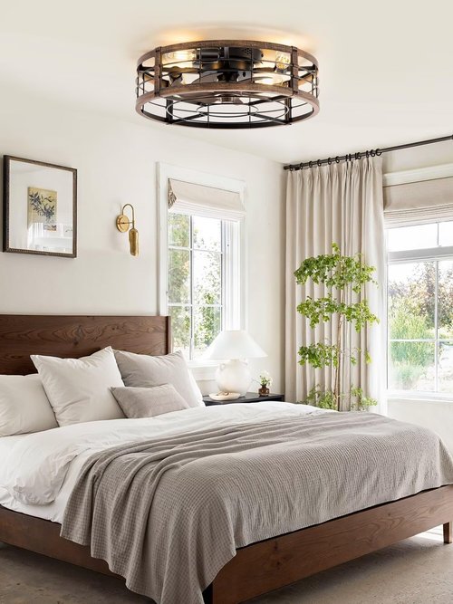 LEDIARY 20" Caged Ceiling Fan with Light and Remote, Low Profile Flush Mount Fandelier, Black Gold Bladeless Enclosed Small Fan Lights Ceiling Fixtures, Rustic Farmhouse Style for Bedroom, Outdoor