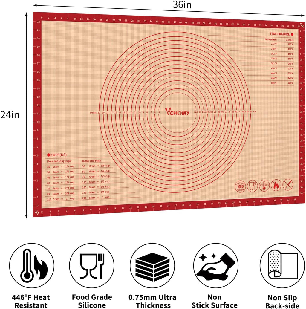 Skiennix Extra Large Silicone Pastry Mat - Non-Slip Baking Mat with Measurements | 36x24 Inch, Red
