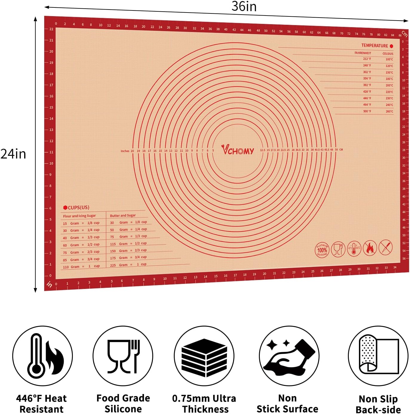 Skiennix Extra Large Silicone Pastry Mat - Non-Slip Baking Mat with Measurements | 36x24 Inch, Red
