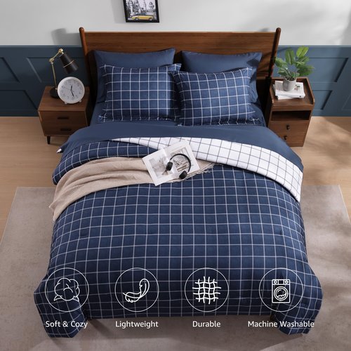 AMBERSPACE Plaid Twin XL Comforter Set Dark Blue, Reversible Checkered Bedding Set 5 Pieces for Boys Girls Teen, Lightweight Bed in a Bag for Dorm with Sheets, Pillowcase & Sham