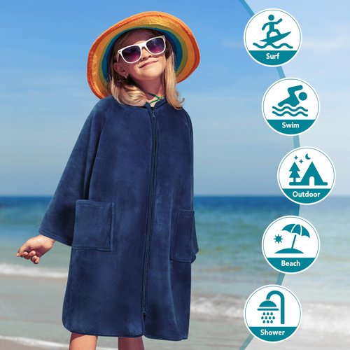 SUN CUBE Hooded Towel Robe for Kids, Zip Up Swim Parka Beach Cover Up for Girls, Surf Poncho for Boys Warm Changing Bath Towel for Pool with Zipper Hood 7-10, Navy Blue