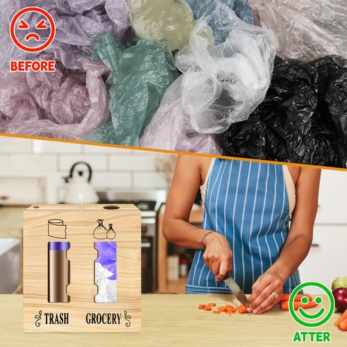 CMXZSAM 2 in 1 Trash Bag Dispenser and Grocery Bag Holder, Large Wooden Plastic Bag Holder, Wall Mount Trash Bags Holder for Grocery and Plastic Bags, Kitchen and Laundry Room Organization