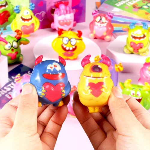 24Pcs Monster Valentines Day Gifts for Kids with Cards, Squishy Toys for Galentines School Gift Exchange, Classroom Prizes, Bag Fillers, Party Favors
