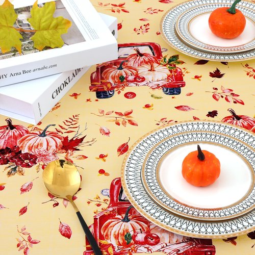 misaya Round Fitted Tablecloth with Elastic Edge, 100% Waterproof Oil Proof Plastic Table Cover, Vinyl Flannel Backed Tablecloth Fits 36"-44" Round Tables for Fall, Thanksgiving, Pumpkin Truck