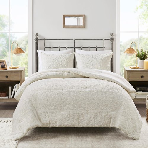 Madison Park Queen Comforter Set Medallion Comforter for Queen Size Bed, Woven Tufted Bedding, All Season & Lightweight Queen Bed Set with Shams, Shabby Chic Cottage, Orly, Full/Queen, Ivory 3 Piece