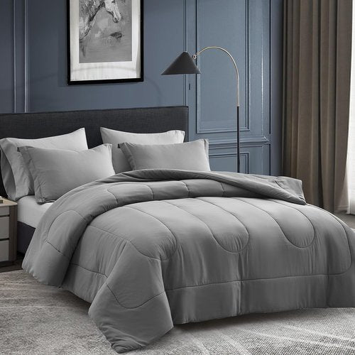 Maple&Stone Queen Size Comforter Set - 7-Piece Down Alternative Bed in a Bag, Soft Reversible Duvet in Dark & Light Grey