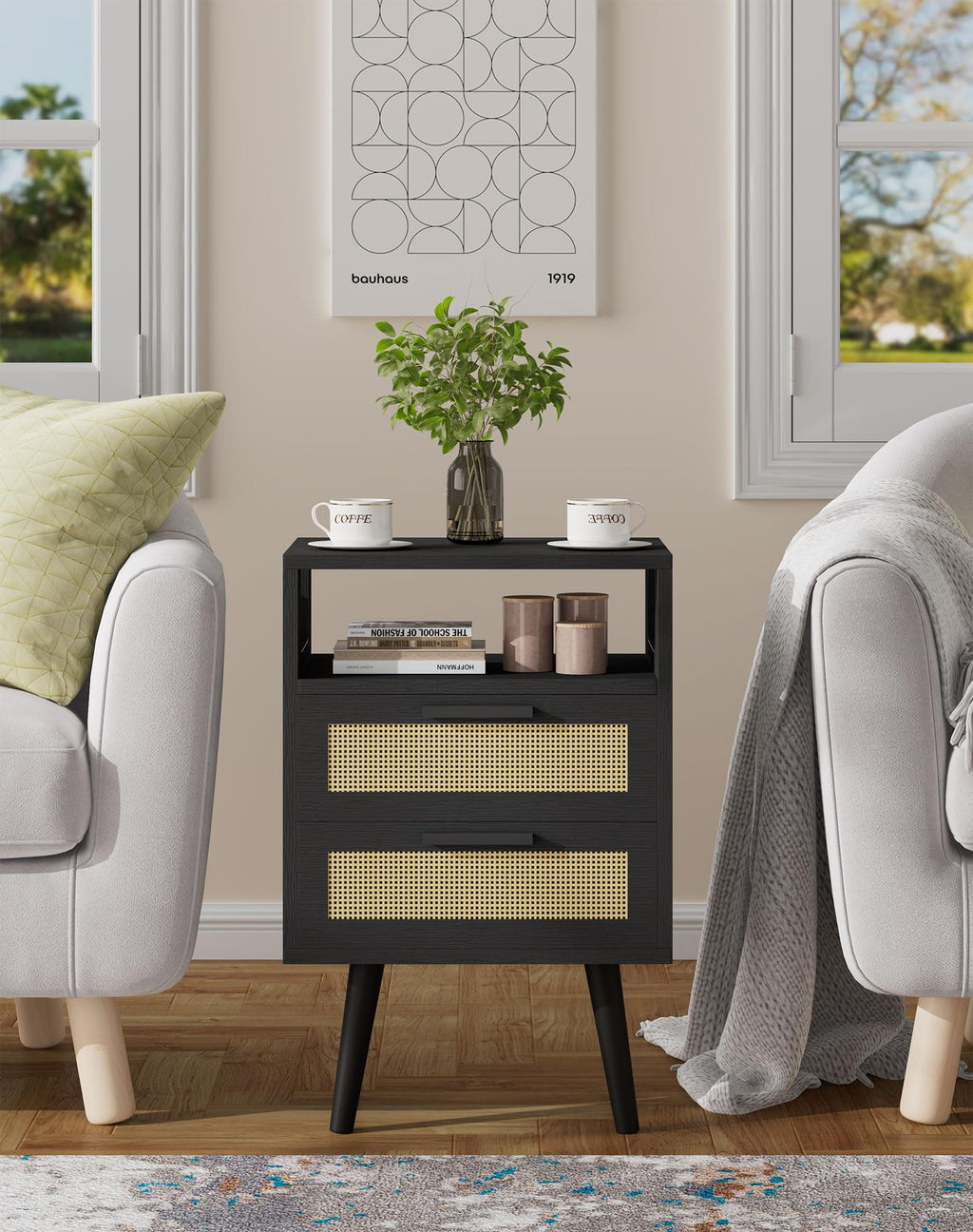 YMYNY Nightstand with 2 Drawers, Boho Side Table, Handmade Rattan Decorated, Open Shelf Unit with Arched Design, Solid Wood Legs, Storage Cabinet for Bedroom, Natural UHST015N