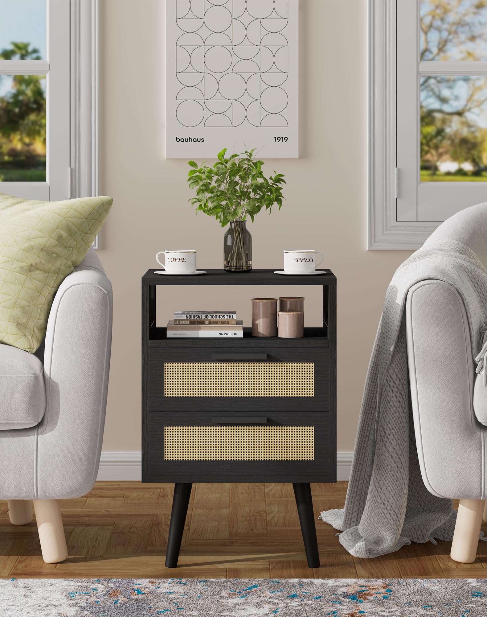 YMYNY Nightstand with 2 Drawers, Boho Side Table, Handmade Rattan Decorated, Open Shelf Unit with Arched Design, Solid Wood Legs, Storage Cabinet for Bedroom, Natural UHST015N