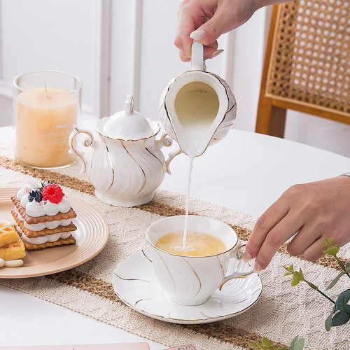 Agyiuns Tea Cups Set Of 6, Tea Cup And Saucer Set,6oz for Tea,Coffee, Latte, Cafe Mocha, Porcelain Tea Party Set (White with gold thread set of 6)
