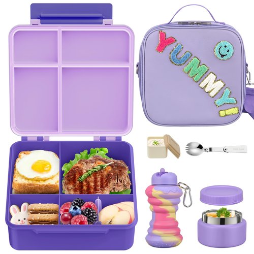 Bento Lunch Box with 10oz Soup Thermo for Kids Insulated Lunch Bag & Foldable Silicone Cup Food Leak Proof Food Container with 5 Compartment for Kid to Shool Travel