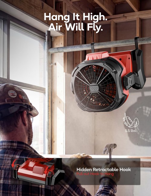 DeForce Battery Operated Fan, for Milwaukee M18 18V Battery, Camping Fan Cordless, Option for Corded, with LED Lights, Variable Speed, Hook for Hanging, for Jobsite, Red(Bare Tool Only)