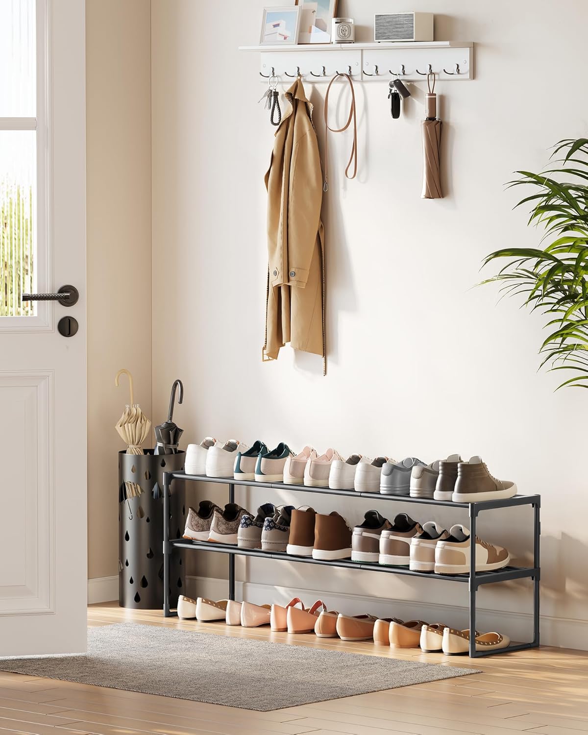 SONGMICS 2-Tier Shoe Rack - Stackable Metal Organizer for 15-18 Pairs | Black, 11.8 x 46.1 x 14.6 Inches