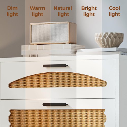 Mericonia 4 Drawer Rattan Dresser for Bedroom, Wood Tall Dresser for Closet with Metal Handles, Boho Nightstand Sets, Dressers & Chests of Drawers for Bedroom, Hallway and Entryway, White