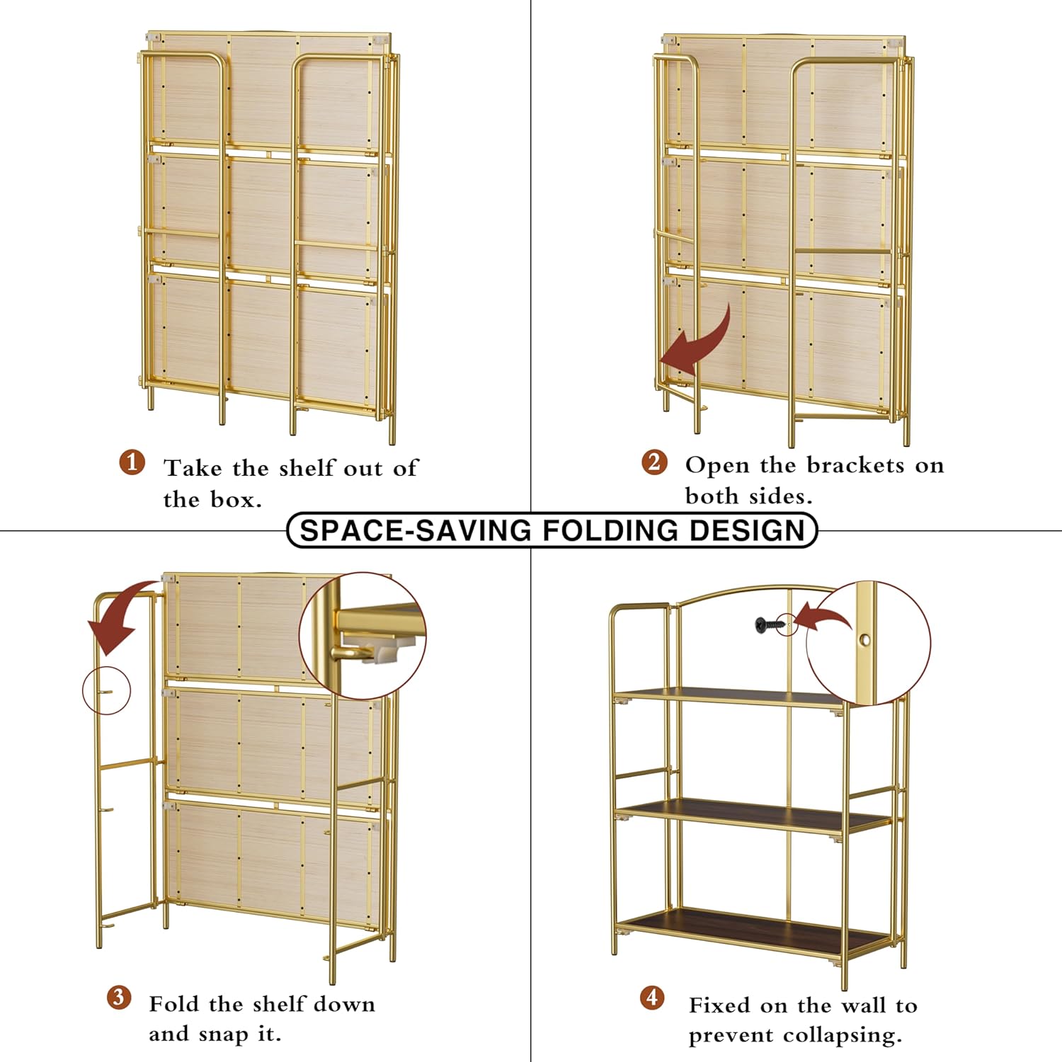 Crofy Folding Bookshelf - No Assembly Required, 3-Tier Gold Bookcase for Living Room & Home Office