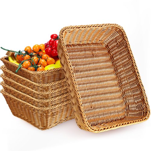 Eccliy 6 Pack Poly Wicker Bread Baskets 19 Inch Imitation Rattan Serving Trays for Bread Snacks Fruit Vegetables Tabletop Display Basket for Kitchen Restaurant Home Hotel