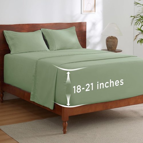 Bedsure Deep Pocket Queen Sheets Set - Soft & Cooling 4-Piece Bed Sheets for 21-Inch Mattresses | Light Green