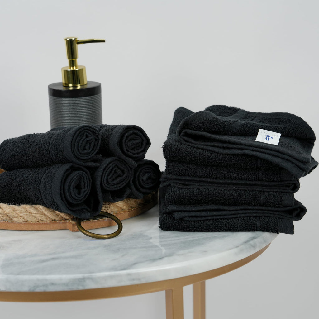 Tens Towels Pack of 24 Washcloths, 12 x 12 Inches, Lighter Weight, Quick to Dry, Super Soft & Absorbent, Gentle Face Towels, Hotel Quality, Perfect for Bathroom, Gym, Spa (Black, 24 Pack)