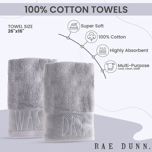 Rae Dunn Hand Towels, Embroidered Decorative Hand Towel for Kitchen and Bathroom, 100% Cotton, Wash/Dry, 16"x 28"