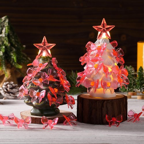 Soulchen 200 Pcs Pink Ceramic Christmas Tree Replacement Lights Bulbs Acrylic Pink Bow Light Pegs Ornaments for Christmas Tabletop Ceramic Tree Decoration