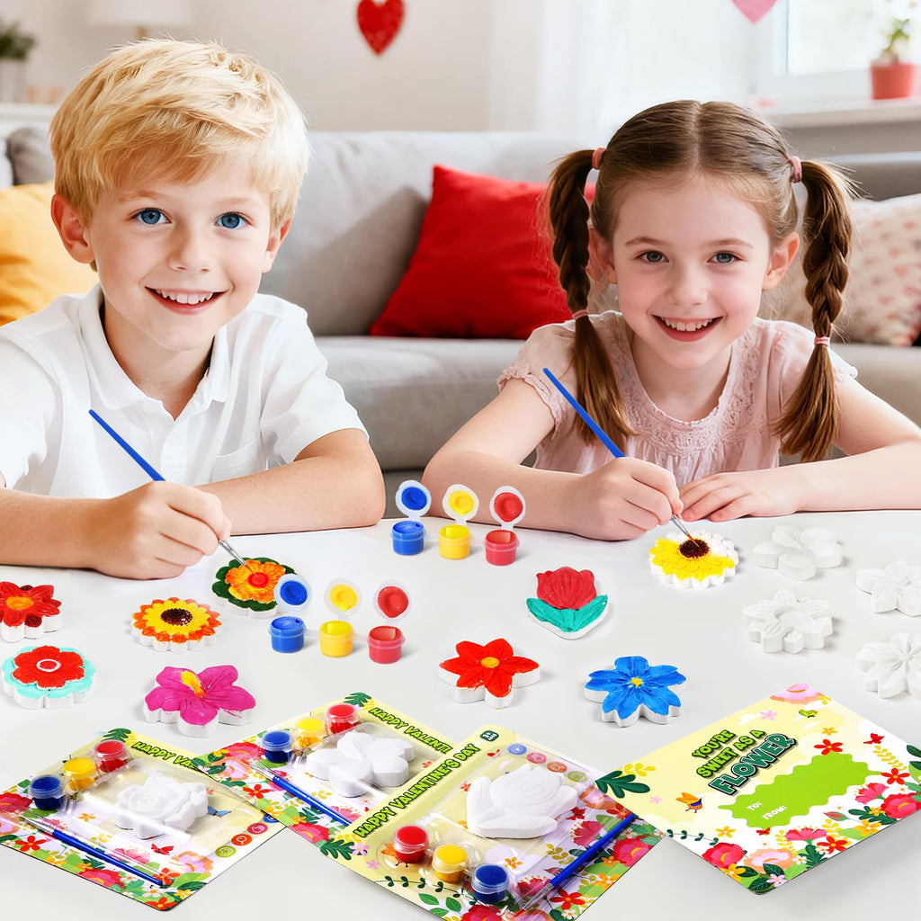 SpringFlower Valentine's Day Cards with Plaster Painting Kit for School Classroom Valentine's Gift Exchange, Valentine's Party Favor for Kids & Art and Craft Activity,24 Pack