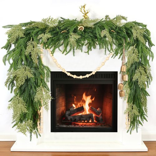 Extra Thick&Lush - 6Ft by 12 Inch Artificial Garland Norfolk Pine Garland, Real Touch Cedar Garland, Realistic Soft 120 Branch Tips Pine&Cedar Faux Greenery Cypress Garlands for Mantle Outdoor Indoor